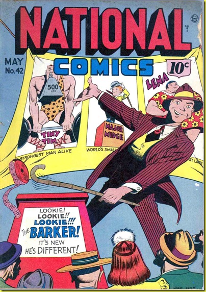 Cartoon of carnival barker in front of freak sideshow banners golden age comic book.