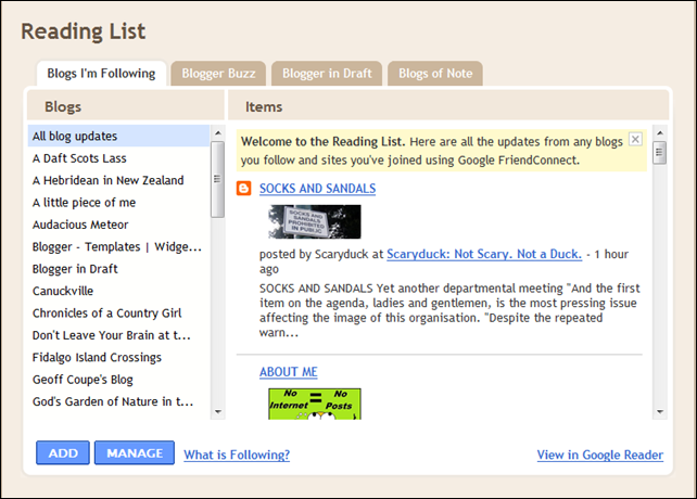 Reading List on your Dashboard in Blogger