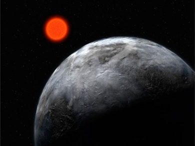 Gliese 581d ao redor de sua estrela anã vermelha