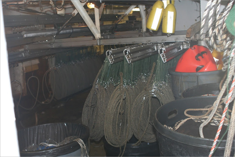 this is where the gear hangs and is stored when not fishing. currently these are being baited and run out the back.