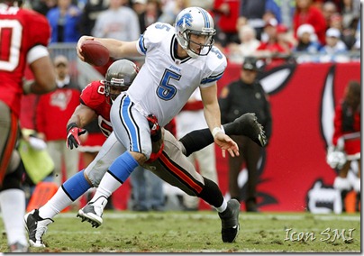 19 DEC 2010:  Drew Stanton (5) of the Lions gets away from Dekoda Watson (56) of the Buccaneers during the game between the Detroit Lions and the Tampa Bay Buccaneers at Raymond James Stadium in Tampa, FL.