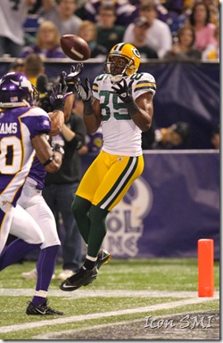 21 November 2010: Green Bay Packers wide receiver Greg Jennings (85) makes a reception for a Green Bay Packers touchdown.  The Green Bay Packers defeated the Minnesota Vikings by a score of 31 to 3 at Mall of America Field, Minneapolis, MN.  
