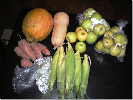 Casaba melon, butternut squash, apples, pears, corn, haricot verts, sweet potatoes
