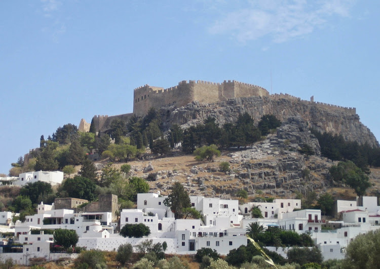 The Lindos Acropolis in Lindos on the island of Rhodes, Greece.