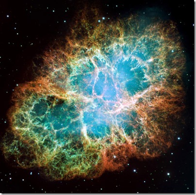 This mosaic image of the Crab Nebula was taken by the Hubble Space Telescope.