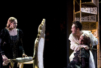 Christophe Dumaux as Tolomeo in Händel's GIULIO CESARE at the Opéra de Lausanne, with Charlotte Hellekant as Cornelia and Max Emanuel Cencic as Sesto