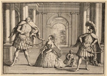 An Eighteenth-century engraving by John Vanderbank showing the castrati Berenstadt (Flavio) and Senesino (Guido) and Francesca Cuzzoni (Emilia)