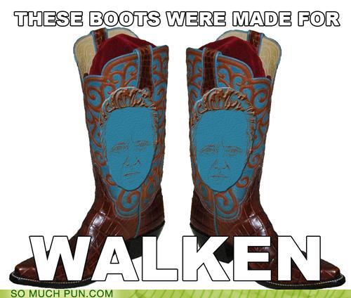 photo of a pair of boot with a image of Christopher walken giant feet carved in the snow