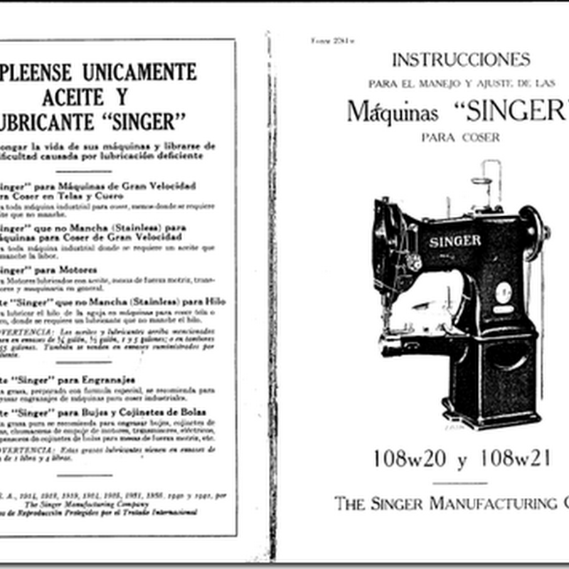 Manual máquina SINGER antigua modelo 108w20 y 108w21
