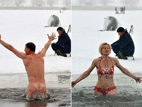 Homem nada nu em lago "congelado"