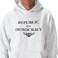 Man wearing hoodie that reads-Republic not Democray