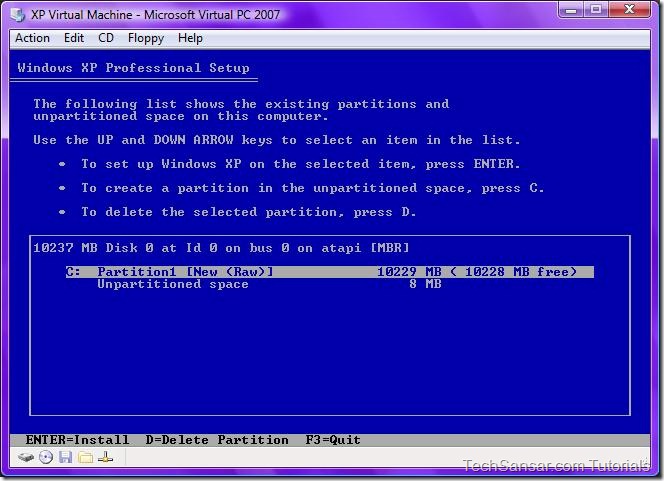 17 Newly created parition foe installation of Windows XP Pro