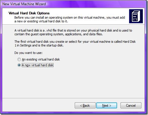 7.b Virtual Machine Virtual Hard Disk Options New Virtual Hard Disk Selected