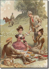 Accustomed to the luxuries of life, the dapper men and stylish women who made up this 1880's four-some, could afford to flaunt society's rigid rules against women smoking. However, it probably didn't hurt to be picnicking at a lonely but romantic seaside setting, far from any Victorian gossips. Allen & Ginter's Richmond Straight Cut Cigarettes had a reputation for 'old-time goodness,' and these wealthy smokers would have insisted on the subtle richness and delicate aroma of "the first high grade-cigarette made in the United States." (jbo)