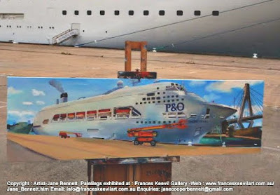 Painting the Pacific Jewel en plein air at Glebe Island Wharf painted by industrial heritage artist Jane Bennett