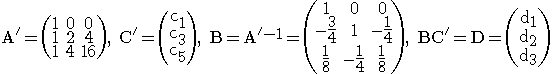 Ejemplo del esquema de decodificación Reed-Solomon basada en la codificación anterior, con n=3, m=2 y teniendo los bloques 1, 3 y 5.