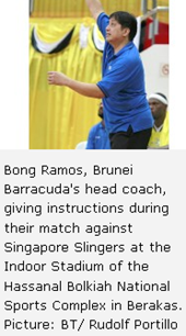 Bong Ramos, Brunei Barracuda's head coach, giving instructions during their match against Singapore Slingers at the Indoor Stadium of the Hassanal Bolkiah National Sports Complex in Berakas. Picture: BT/ Rudolf Portillo