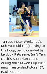 Yun Lee Motor Workshop's Koh Wee Chian (L) driving to the hoop, being guarded by Le doux Patisserie/Sia N Tang Music's Soon Kian Leong during their Aewon Cup 2011 match yesterday.Picture: BT/ Raul Padernal 