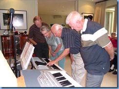 Colin Crann, Phyl Briscoe, Rob Powell, and Alan Wilkins covering some features on the Yamaha PSR-900 keyboard.