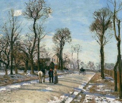 Peinture de Camille Pissaro, La Route de Versailles, Louveciennes, soleil d'hiver et neige