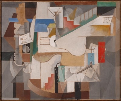 Pablo Picasso, Bottle, Guitar, and Pipe, 1912. Museum Folwang, Essen
