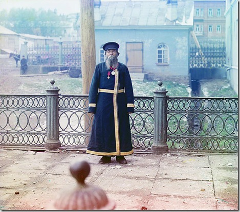 Andrei Petrov Kalganov. Former master in the plant. Seventy-two years old, has worked at the plant for fifty-five years. He was fortunate to present bread and salt to His Imperial Majesty, the Sovereign Emperor Nicholas II, Zlatoust; 1910
Sergei Mikhailovich Prokudin-Gorskii Collection (Library of Congress).