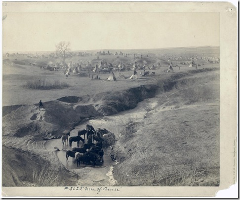 Title: Villa of Brule
A Lakota tipi camp near Pine Ridge, in background; horses at White Clay Creek watering hole, in the foreground. 1891.
Repository: Library of Congress Prints and Photographs Division Washington, D.C. 20540 