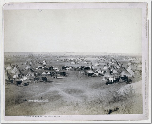 Title: "Hostile Indian camp"
Bird's-eye view of a large Lakota camp of tipis, horses, and wagons--probably on or near Pine Ridge Indian Reservation. 1891.
Repository: Library of Congress Prints and Photographs Division Washington, D.C. 20540