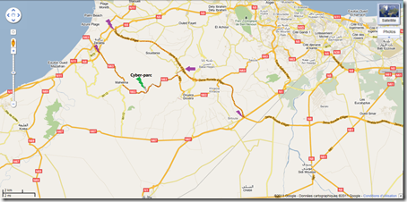 Capture d'écran google map indiquant l'itinéraire pour se rendre au Cyber parc sidi abdellah