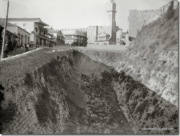 Jerusalem, looking down moat toward clock tower, mat08549