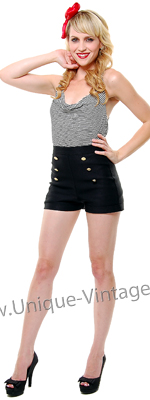 Stop Staring Pin Up Black with Gold Buttons Nautical High Waisted Shorts 