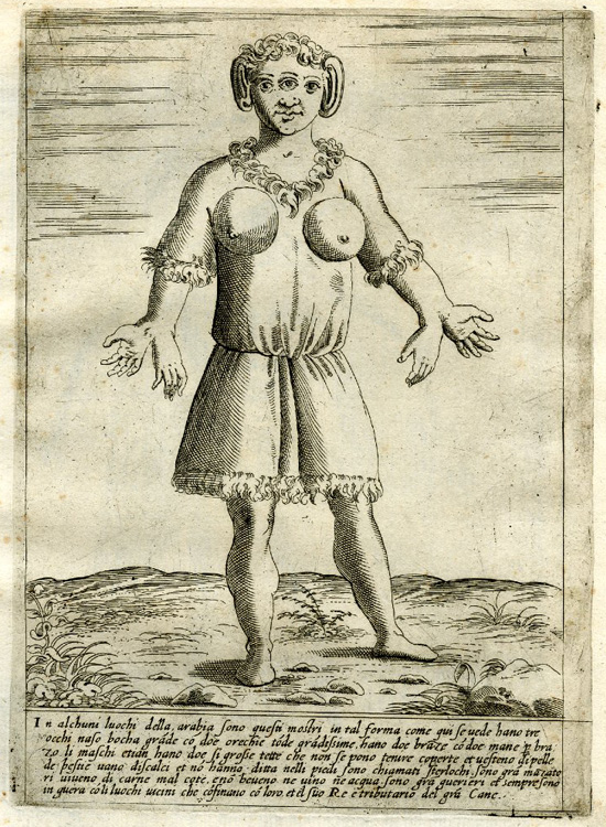 A Female Figure with Large Breasts, Three Eyes, Deformed Ears and Four Hands Standing in a Landscape