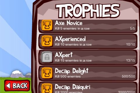 Axe in Face有13項獎盃可供玩家挑戰蒐藏,多是經過大量或者精準的殺戮方可贏得。 Axe in Face有13項獎盃可供玩家挑戰蒐藏,多是經過大量或者精準的殺戮方可贏得。