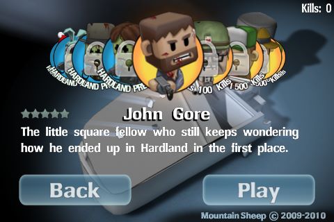 進入遊戲後第一件事就是選擇角色了，一開始玩家只能使用主角John Gore，其他角色則需要累積足夠的殺傷數（Kills)後才可解開