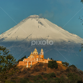 Popocagepetl and Church by Alfredo Garciaferro Macchia - Landscapes Mountains & Hills