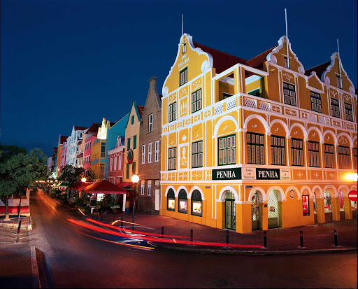 Curacao-Handelskade-evening - The Handelskade area of Willemstad, Curacao, is especially striking at night.