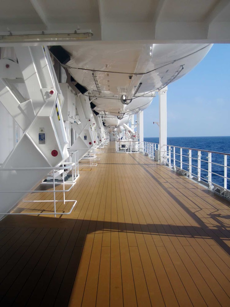 A view of the promenade deck, or upper deck, aboard MSC Opera.