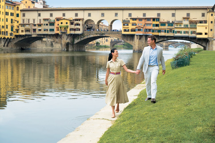 Visit the Ponte Vecchio, which stretches across the River Arno, in the Renaissance city of Florence during your cruise vacation aboard Tere Moana.