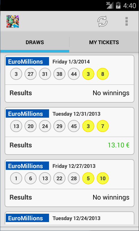 Result for EuroMillions Lotto Screen 1