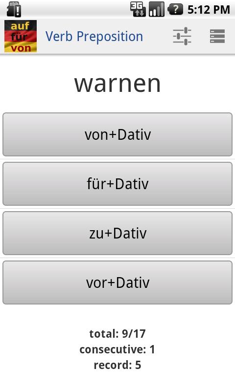 German Verb Prepositions Quiz Screen 3