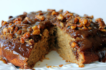 Caramel-Walnut Upside-Down Peanut Butter Banana Cake