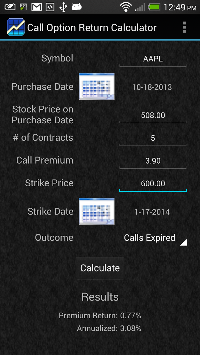 Call Option Return Calculator Screen 1