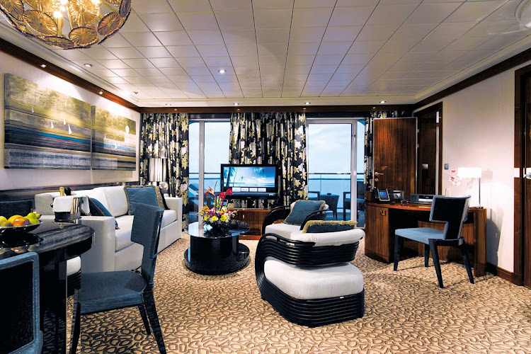 Norwegian Epic's Haven Deluxe Owner's Suite has a spacious, modern living room with great views from the private balcony.