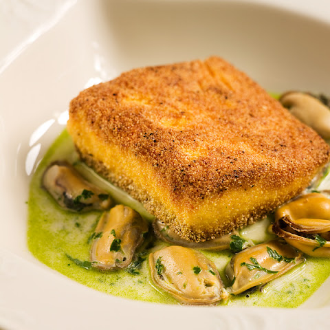 buttermilk cornbread patties Cornmeal Mussel Salmon with Crusted Broth Basil