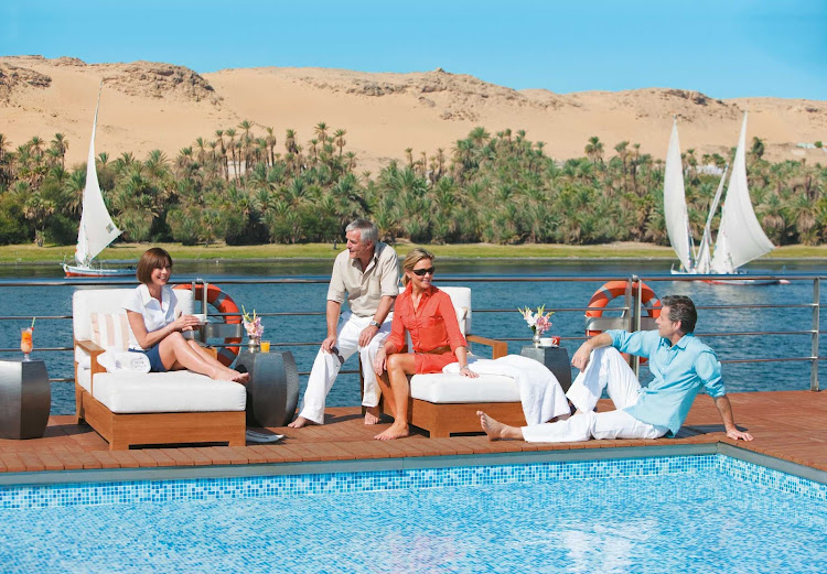 Guests will soak up the sweeping views of Egypt's Nile from the sun deck of Uniworld's River Tosca cruise ship.