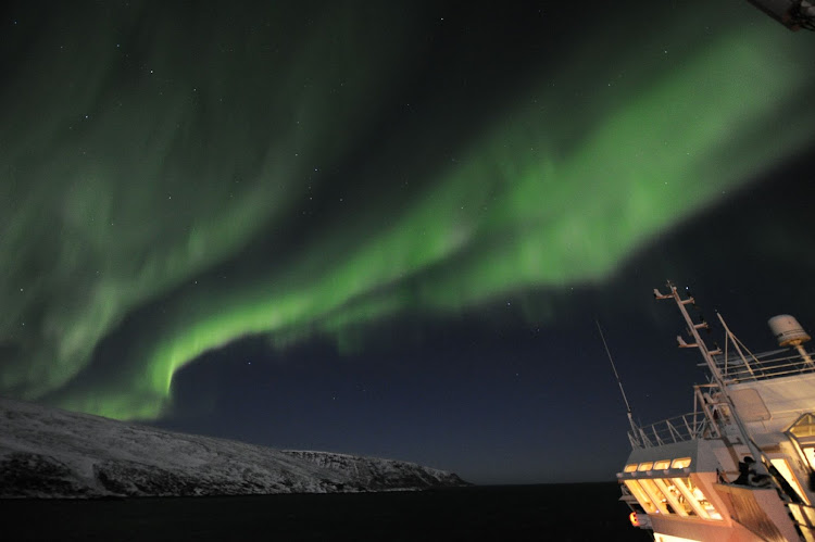 A display of the Northern Lights seen during a Hurtigruten sailing. 