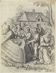 Fotoreproductie van de gravure La construction de la barque door Hieronymus Wierix