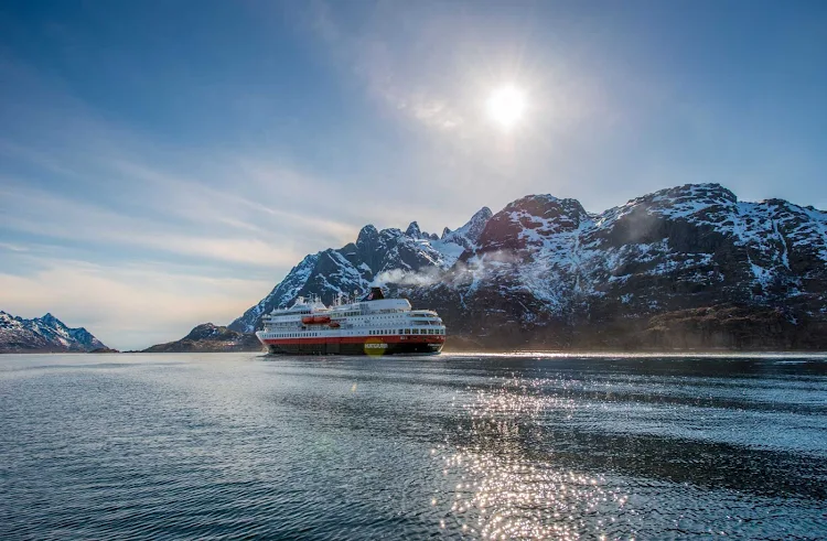 Finnmarken, a ship in the Hurtigruten fleet, makes a spring voyage through the Lofoten Islands of Norway.