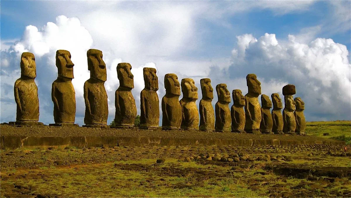 Easter-Island-statues - Statues at Ahu Tongariki, the largest ahu (stone platform) on Easter Island. It contains 15 moai (statues), including an 86-ton moai that was the heaviest ever built on the island.  