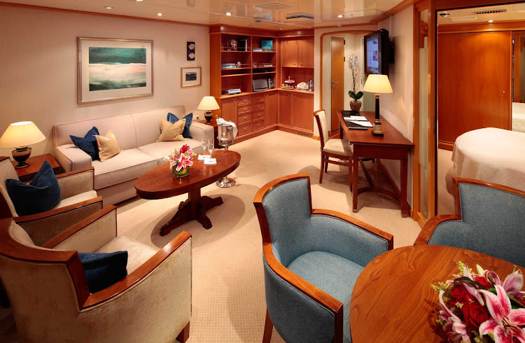 With 450 square feet, the Owners Suite on SeaDream comes with a master bedroom and bathroom suite, a living and dining room area and a guest bathroom.